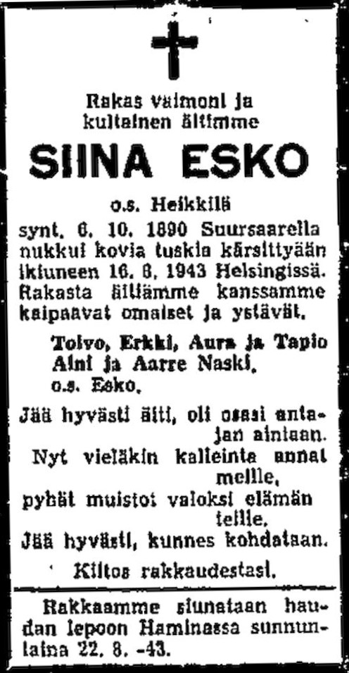 Siina Eskon kuolinilmoitus Helsingin Sanomissa 19.8.1943.